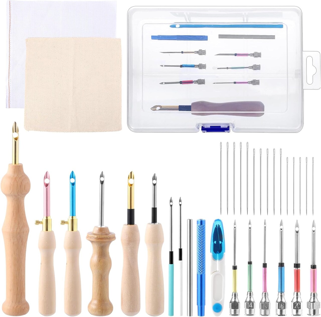 35-Piece Punch Needle Kit – Adjustable Wooden & Metal Handle Embroidery Pen Set with Big Eye Needles, Monk Cloth & Cross Stitch Fabric – Beginner DIY Craft Kit for Adults